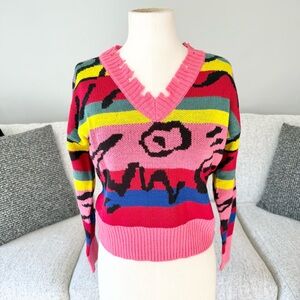 XL M S Distressed Colorful V-Neck Women's Sweater
